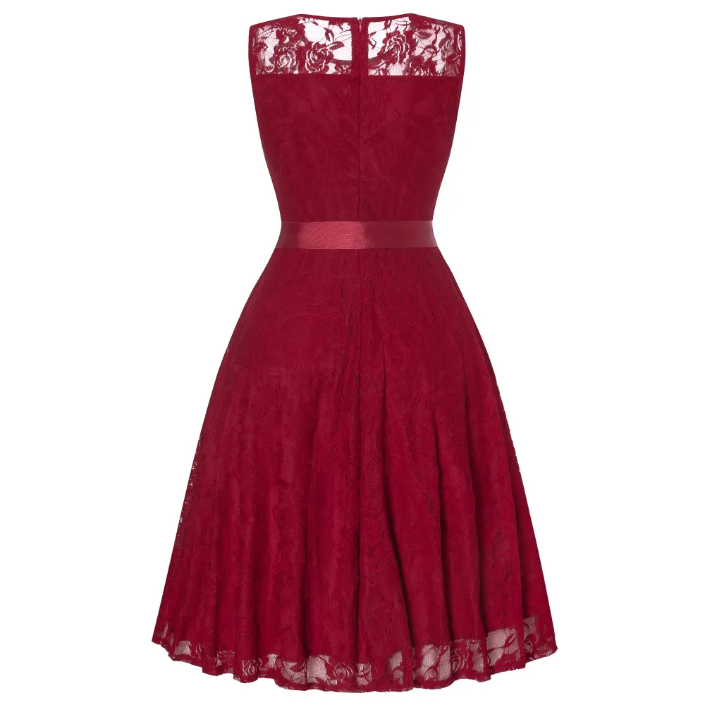 Summer Women Lace Dress Party Gowns Sleeveless Floral Vintage Lace Midi Runway Vestidos With Bow Big Swing Rocabilly Retro Dress