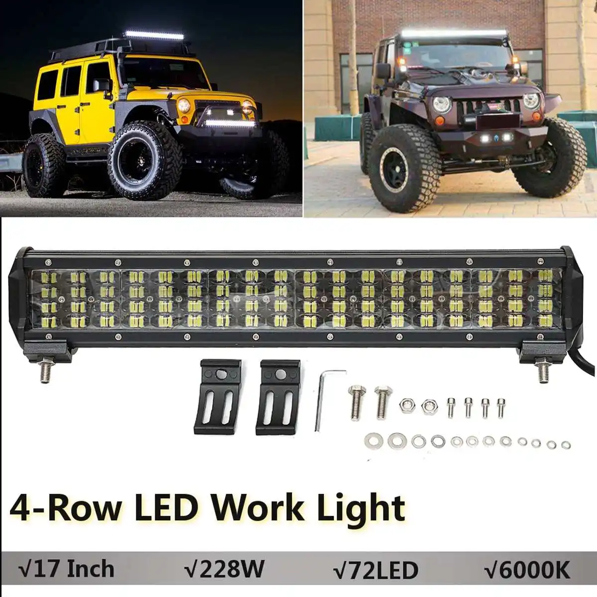 

17 Inch 228W 72 LED Work Light Bar for Tractor Boat OffRoad 4WD 4x4 Car Truck SUV ATV Waterproof High Brightness Accessories