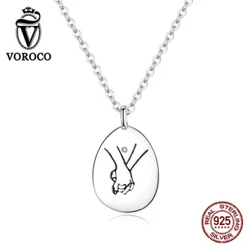 

VOROCO Authentic 925 Sterling Silver Round Pendant Necklace Hand by Hand Love Forever Fine Jewelry for Women 45CM Wedding BKN363