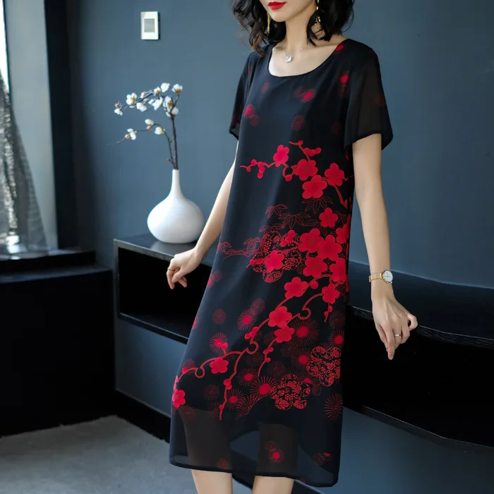 

2019 New Style WOMEN'S Dress Elegant Elegant Mid-length Chiffon Dress Printed Short Sleeve Large Size Belly Covering A- line Ski
