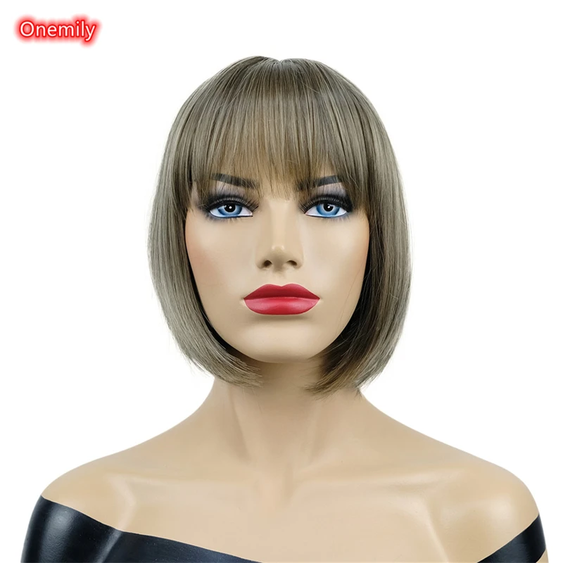 

Женский Короткий прямой парик Onemily из синтетических натуральных волос с аккуратной челкой для косплея