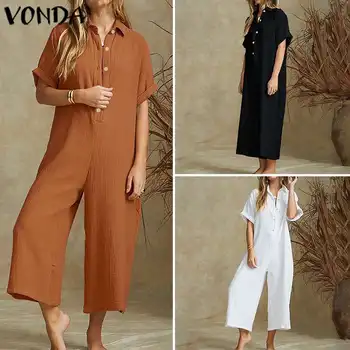 

VONDA Plus Size Overalls 2020 Summer Rompers Women Jumpsuits Cotton Vintage Short Sleeve Playsuit Elegant Solid Wide Leg Pants