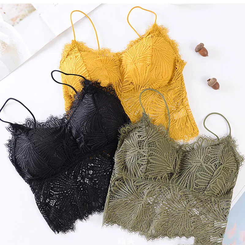 2021 Female Summer Crop Tank Top Women Fashion Deep V Lace Bras Embroidery Floral Tank Top Bra Wrapped Chest Camisole Padded Bra camisole bra