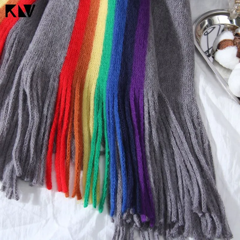 190x40cm Women Girls Pashmina Rainbow Vertical Striped Patchwork Oversized Scarf Shawl with Tassels Winter Warm Blanket Wraps