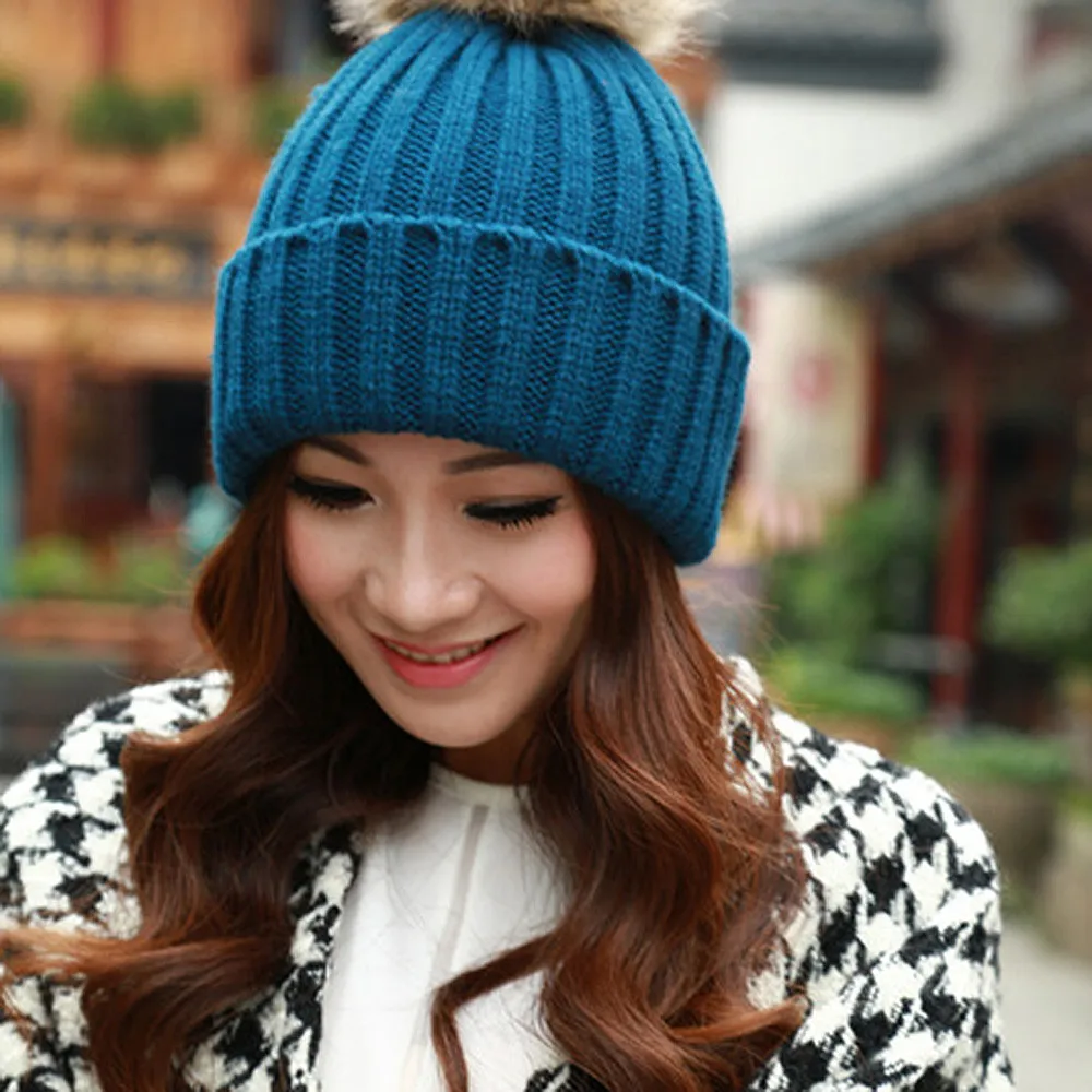 Autumn Winter Wool Blends Soft Warm Knitted Cap Female Head Wrap Cap Women Winter Fur Ball Warm Hat Crochet Knitted Wool Cap