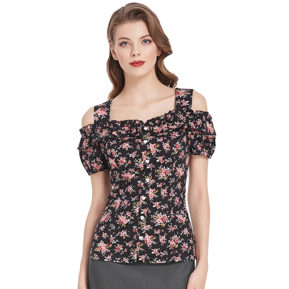 

Summer Shirts Women Cold Shoulder Tops Cotton Short Sleeve Shirts Fashion Vintage Square Neck Buttons Retro Punk Shirt Lady