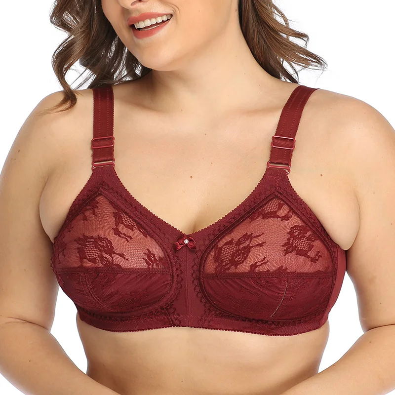 Wine Red 36, 38, 40, 42, 44, 46, 48, 50, B, C, D, DD, E, женские кружевные прозрачные, с полным покрытием, ультра тонкие размера плюс, беспроводной минимайзер, бюстгальтер размера плюс - Цвет: Wine Red