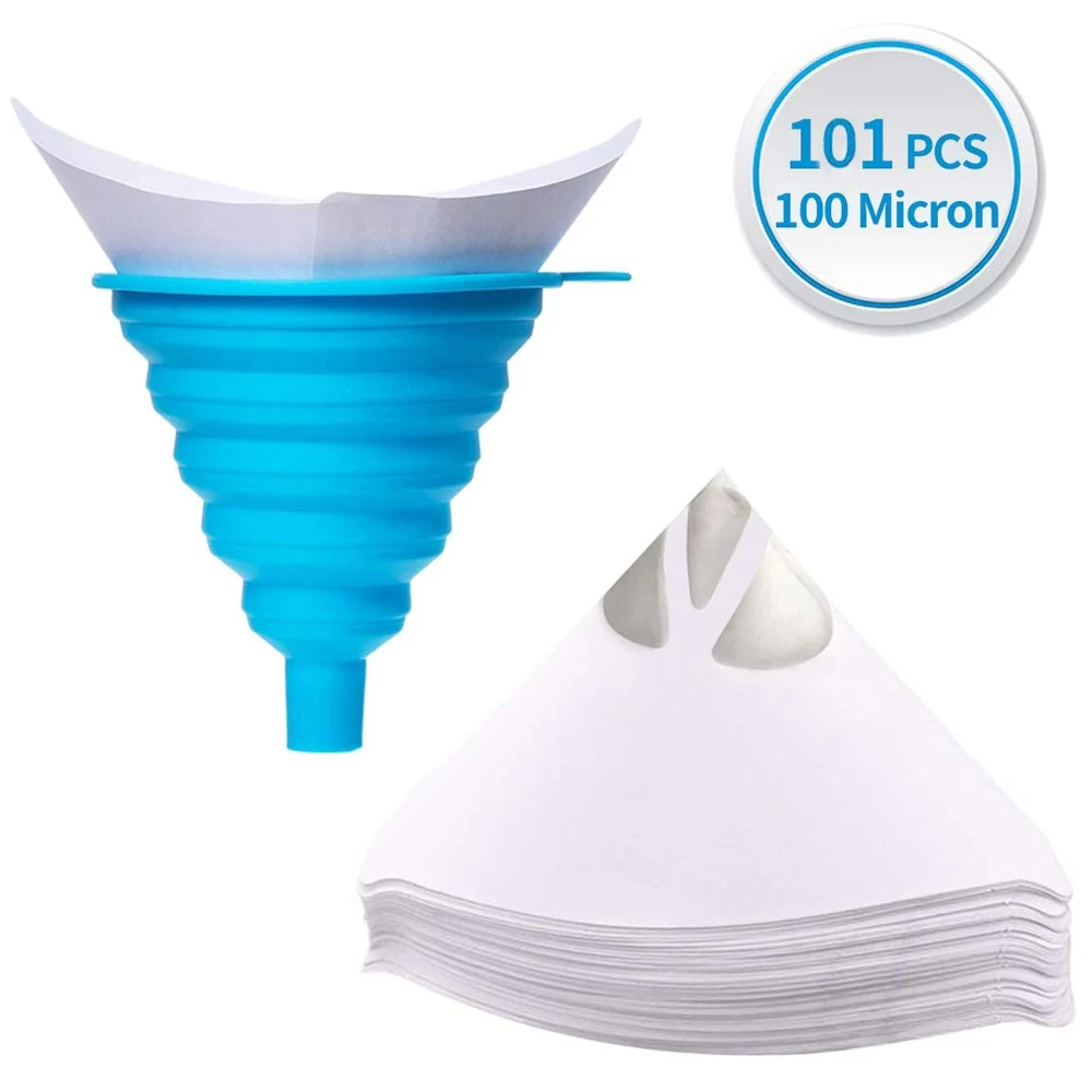 101pcs Paint filter paper funnel car paint spray paint filter disposable filter paper with 1 Pcs Silicone Funnel cup for paint pouring silicone reusable fluid cup funnel cup pouring cup