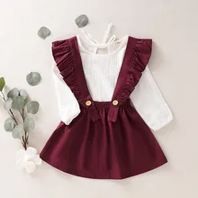 Комплект детской одежды из 2 предметов, Милая футболка с рюшами для девочек комплект с длинными рукавами красный комбинезон, юбка Зимняя Одежда для новорожденных, в Корейском стиле, 19Jul