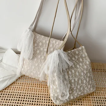 

Knit Shoulder Handbags Beach Ladies Women Lace Woven Travel Weave Totes Purse for Outdoor Shopping Traveling Ornaments