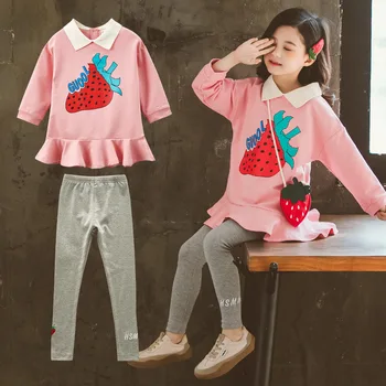

New Arrival Children Clothes Fashion Spring Two Piece Set Strawberry Sweatshirt Dress + Skinny Leggings Teenage Girls Clothing