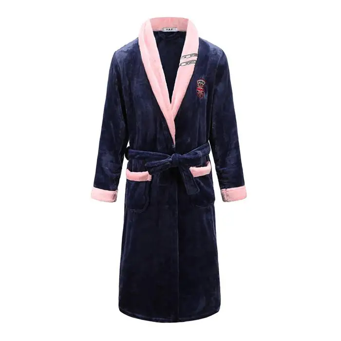 Фланелевое плотное теплое ночное белье с длинными рукавами, неглиже, большие размеры 3XL, кимоно купальный халат, платье для сна, пижама из кораллового флиса - Цвет: Men Blue 1