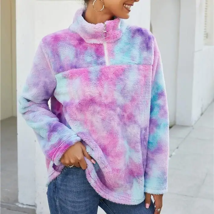Пушистые толстовки на молнии с принтом «Tie Dye», радужные флисовые толстовки на молнии с отворотами, женские зимние модные облегающие пуловеры, пушистые наряды