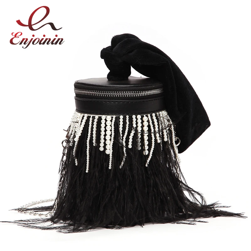 

Luxury Pearl Feather Tassel Women Casual Bucket Shoulder Bag Purses and Handbags Shoulder Chain Bag Crossbody Bag Female Bolsa