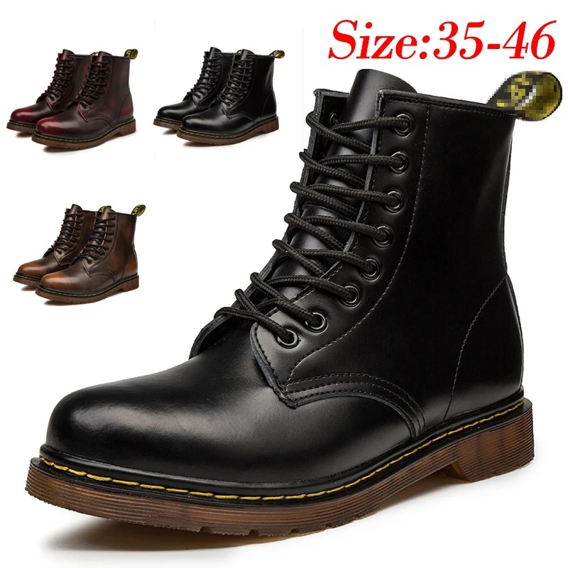 

New Genuine Leather Eight-Eye Lace-Up Boots Shoes Motorcycle Boots Designers Brand Plus Size 35-46