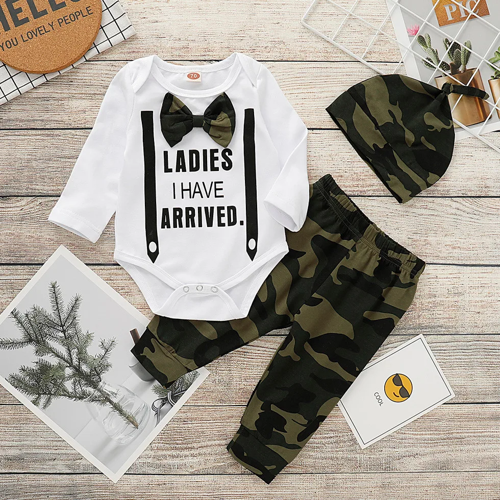 

Baby Boy Gentlemen Winter Clothes Sets 2020 New Fashion Bow Letter Romper Camouflage Pants Outfits Set conjunto infantil menino