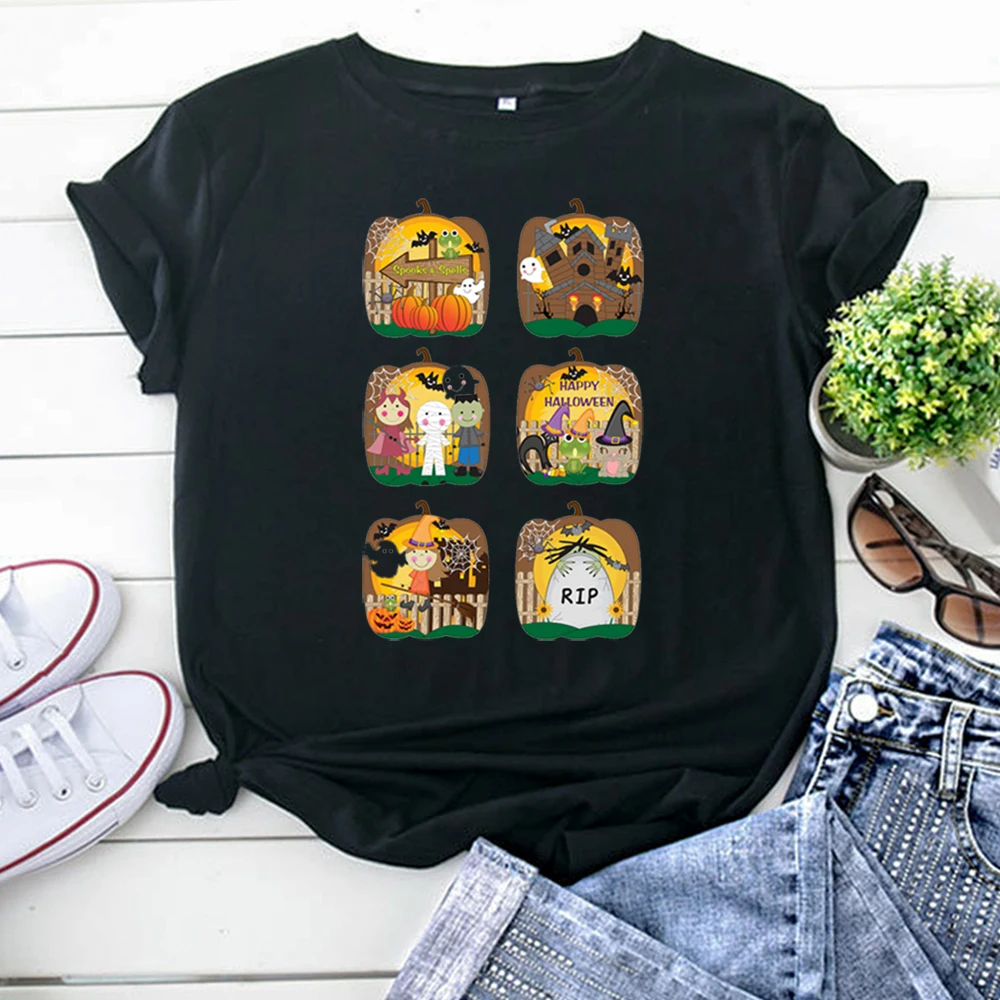 Halloween Tshirt Cartoon Funny Printing Woman T Shirts Solid Color Gothic T-Shirts For Women Cotton Korean Style Womens Clothing