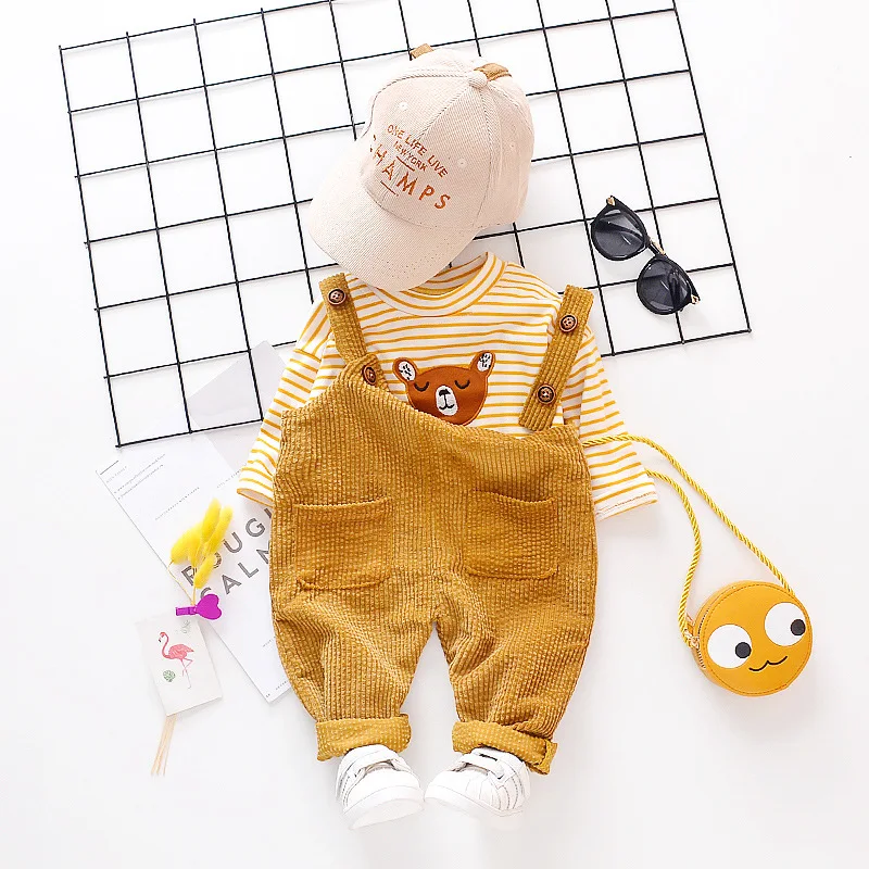 

INS Baby Set Stripes Bear Corduroy Suspender Pants Long Sleeve Two-Piece Set Cute Infant CHILDREN'S Wear