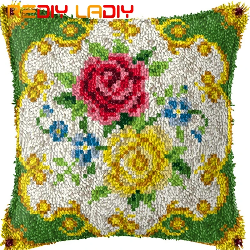 Latch Hook Cushion Flowers Rose Pillow Case Acrylic Yarn Sofa Printed Color Canvas Crochet Cover Arts & Crafts | Дом и сад