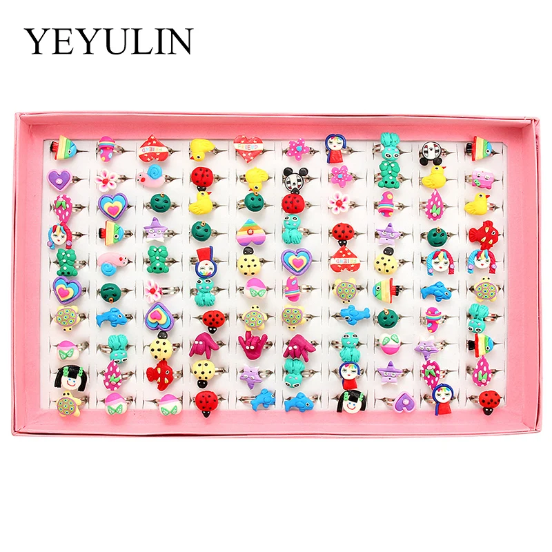 

100pcs/box Cute Children's Day Jewelry Plastic Kids Ring Girl Resin Rings Mixed Style Animal People Gift Present
