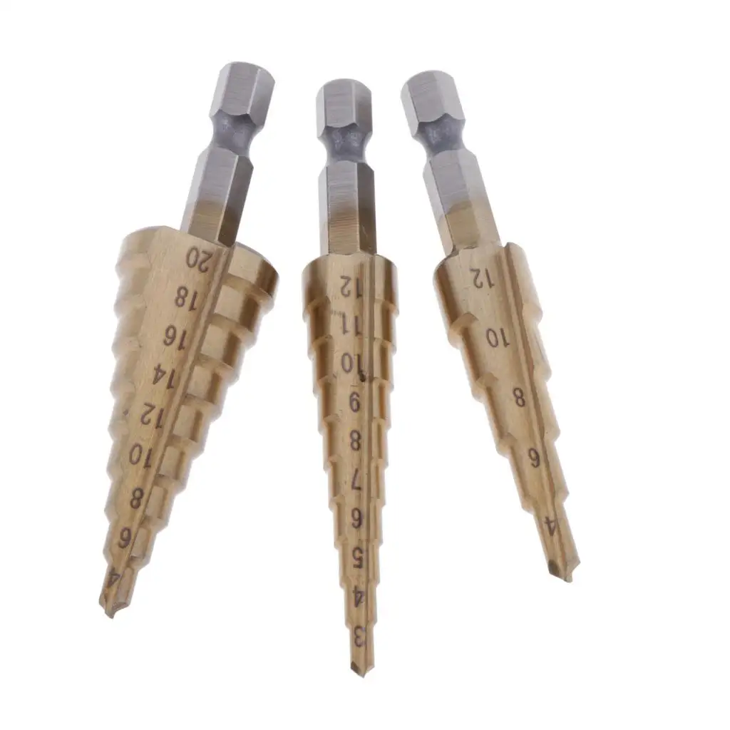 3 Pieces Step Drill Bits Cone Cutt Toos Woodworking Metal Titanium HSS Step Drill Bit 3-12/4-20/12mm