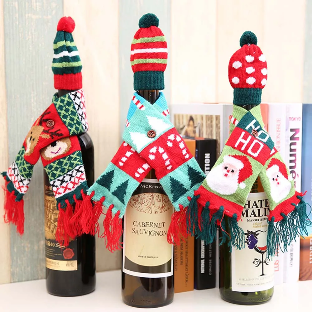 Рождественские украшения для дома, Санта Клаус, крышка для бутылки вина, комплект одежды, шапка, шарф, декор стола, Navidad, подарки на год