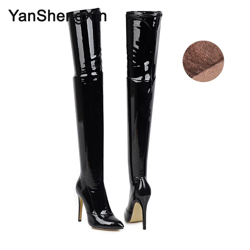 Black Fur YANSHENGXIN; женские ботинки; очень мягкие растягивающиеся ботинки из лакированной кожи на заказ; женские туфли-лодочки на высоком каблуке 11,5 см - Цвет: Black Fur
