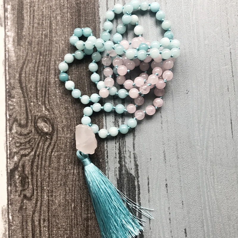 Raw Stone Pendant Mala Necklaces Rose Q-uartz& Amazonite Knotted Necklace 108 Mala Beads Tassel Necklace Womens Gift For Her