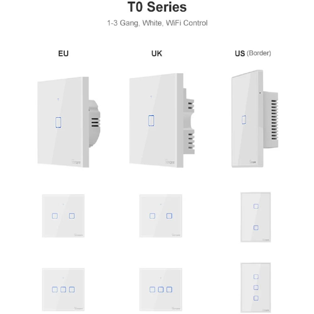 Новинка TX SONOFF T0 ЕС/Великобритания/США 1/2/3 настенный выключатель света интеллектуальная беспроводная(Wi-Fi) Панель Беспроводной сенсорный контроллер с ПДУ для светодиодной ленты/Ewelink/Голосовое управление Управление Google Home