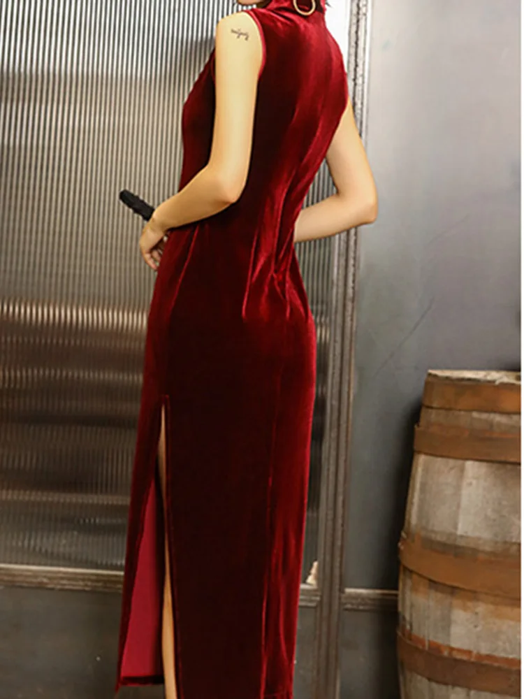 Cheongsam элегантное платье бархат шаль Ruched Бедра разрез сексуальные Клубные тонкие платья без рукавов темперамент европейские американские тенденции