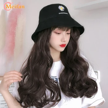 

MEIFAN Long Synthetic Embroidery Baseball Cap Wig Natural Black Brown Wavy Wig Natural Connect Adjustable Hat Wig for Girl Party