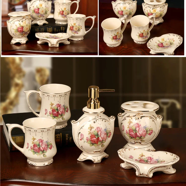 European Elegant Bathroom Set Ceramic Mouth Cup With Handles Five-piece Toiletries Soap dish Lotion bottle New Wedding Products
