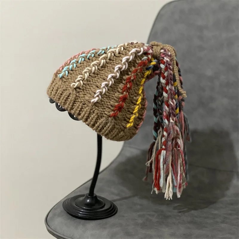 Winter Knitting Hats Winter Women Hat Ladies Girl Stretch Knit Hat Messy Bun Ponytail Beanie Holey Warm Hats Caps Street Style