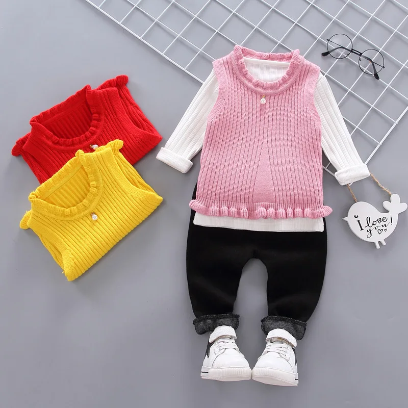 

2019 Baby Girls Autumn Set Infant CHILDREN'S Wear Girls Pearl Solid Color Sweater Waistcoat Long Sleeve Three-piece Set