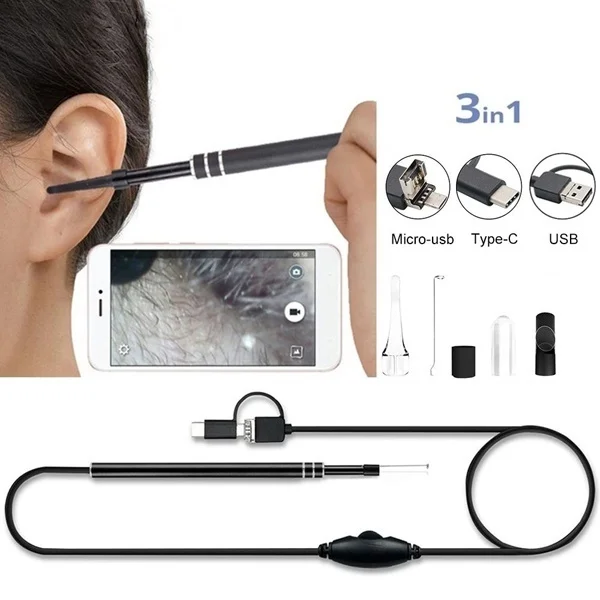 Endoscopio de oreja 3 en 1, 480P, Otoscopio, Digital, Mini cámara endoscópica, oreja, cámara Visual para teléfono Android tipo C