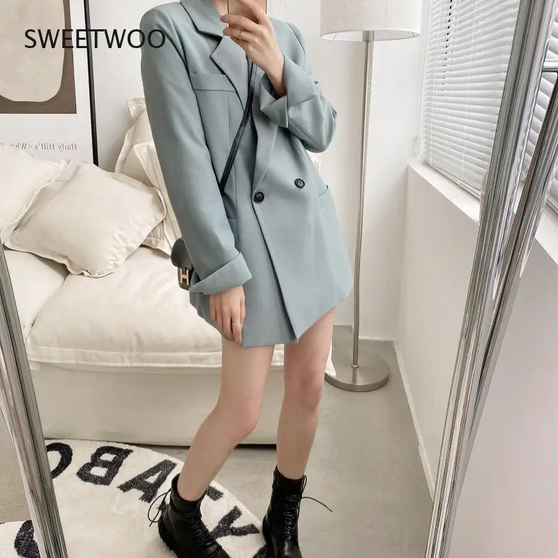 Autumn Solid Color Elegant Blue Blazer Women Jacket Women's Korean Style Loose V-Neck Long Sleeve Black Jackets for Spring 2021