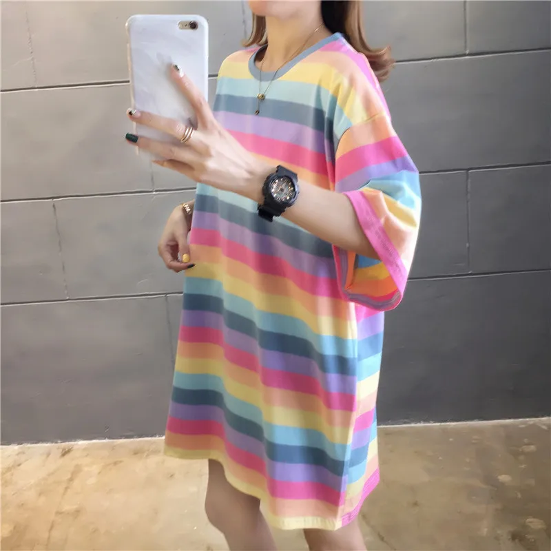 Summer Boyfriendy Loos Rainbow Striped T-shirts Women Plus Size Streetwear Harajuku Oversized T Shirt Casual Femme Tops Tees