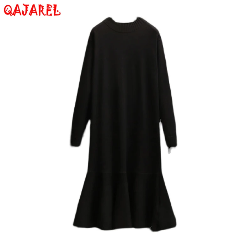 

Black Knitted Cotton Ruffled Midi Dress Autumn Winter Thick Warm Casual Dress 2023 Korean Vintage Hepburn Elegant Party Dresses
