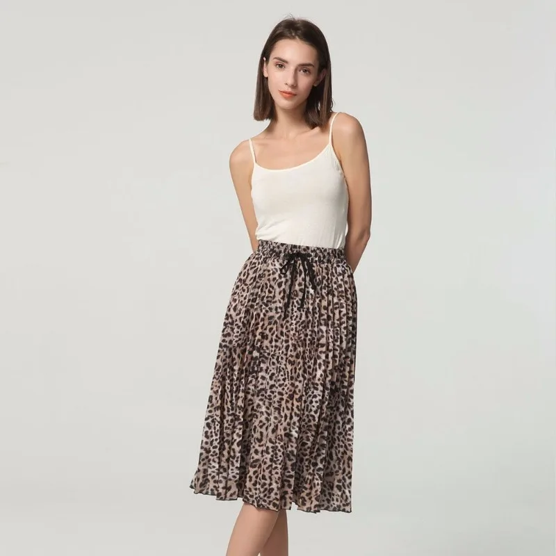 

2019 Fashion Women's Casual Leopard Tie Bow with Elastic Waist Fold Skirt High Waist Mid-Calf A-Line Leopard Skirt