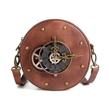

Steampunk women's bag retro locomotive bags for women circular shoulder bag mechanical clock crossbody bag PU soft zipper bags