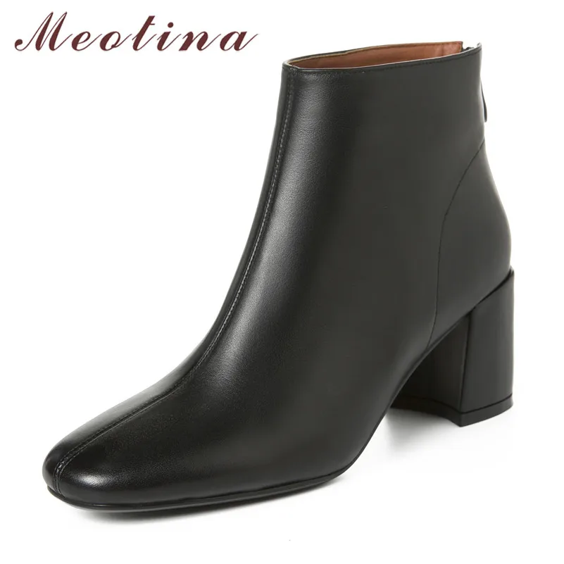 

Meotina Autumn Ankle Boots Women Natural Genuine Leather Thick High Heels Short Boots Zipper Round Toe Shoes Ladies Size 34-39