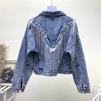 

2020 Spring Autumn Wash Tassel Sequins Denim Jacket Women Basic Coat Chaqueta Mujer Vintage Hole Short Loose Jeans Jacket Female