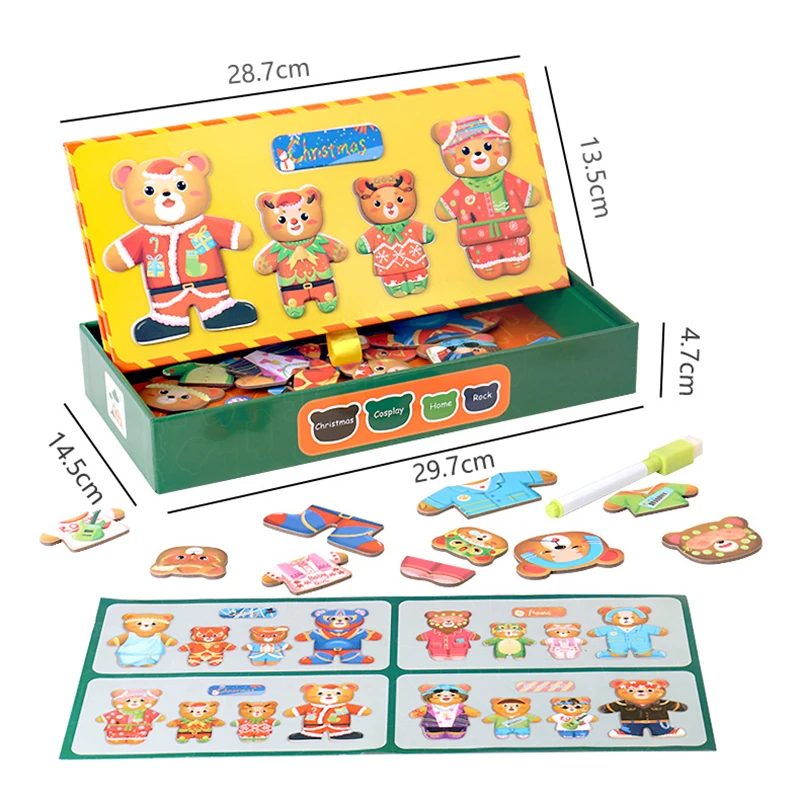Christmas Bear Family Dress-Up Wooden Puzzles Toys Magnetic Jigsaw Change Clothes Sorting Matching Game Children Montessori Toys 6
