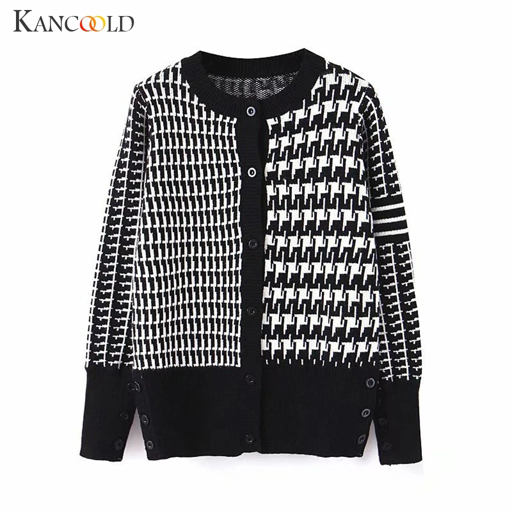 KANCOOLD пальто для женщин, Модный Полосатый Топ с длинным рукавом, клетчатый свитер с круглым вырезом и пуговицами, новые пальто и куртки для женщин 2019AUG26