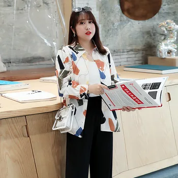 

Women's summer chiffon printed cardigan button lapel casual shirt 100KG can be worn