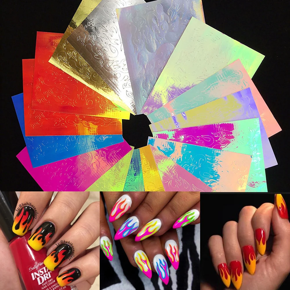 16 шт. модные огонь наклейки для ногтей Nail Art для художественного оформления ногтей, ручная работа разноцветный Маникюр само-клейкая пленка для ногтей Трафареты наклейки