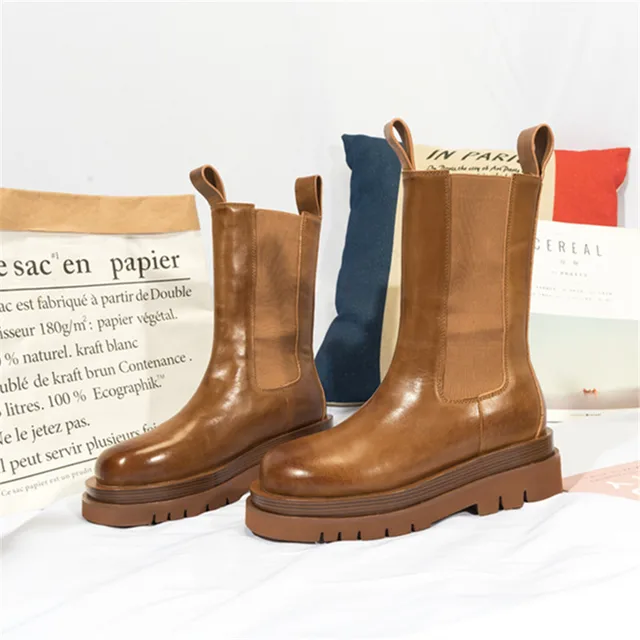 Retro Vrouwen Chelsea Laarzen Dikke Zool Platform Enkel Laarzen Bruin  Lederen Botas Mujer Dames Herfst Platte Boot - AliExpress Schoenen