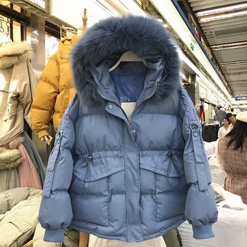 

New Autumn Winter Women Wadded Jacket Fur Collar Hooded Outwear with Large Pockets All-match Slim Waist Female Down Parkas