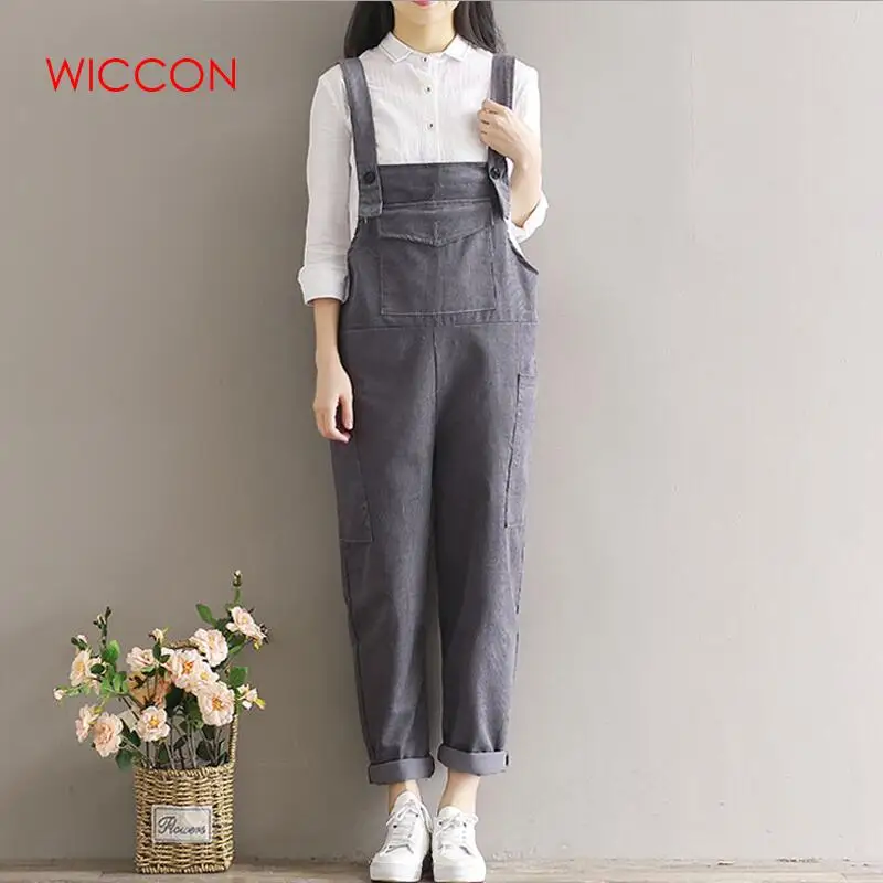 gray WICCON Corduroy Womens Jumpsuits Casual Vintage Sleeveless Bodysuit Women Loose Full Length Solid Overalls Strapless Paysuits - Color: gray