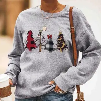

Christmas Sweatshirt Women Casual Loose Leopard Christmas Tree Pattern Print Round Neck Long Sleeve Pullover Sweatshirt